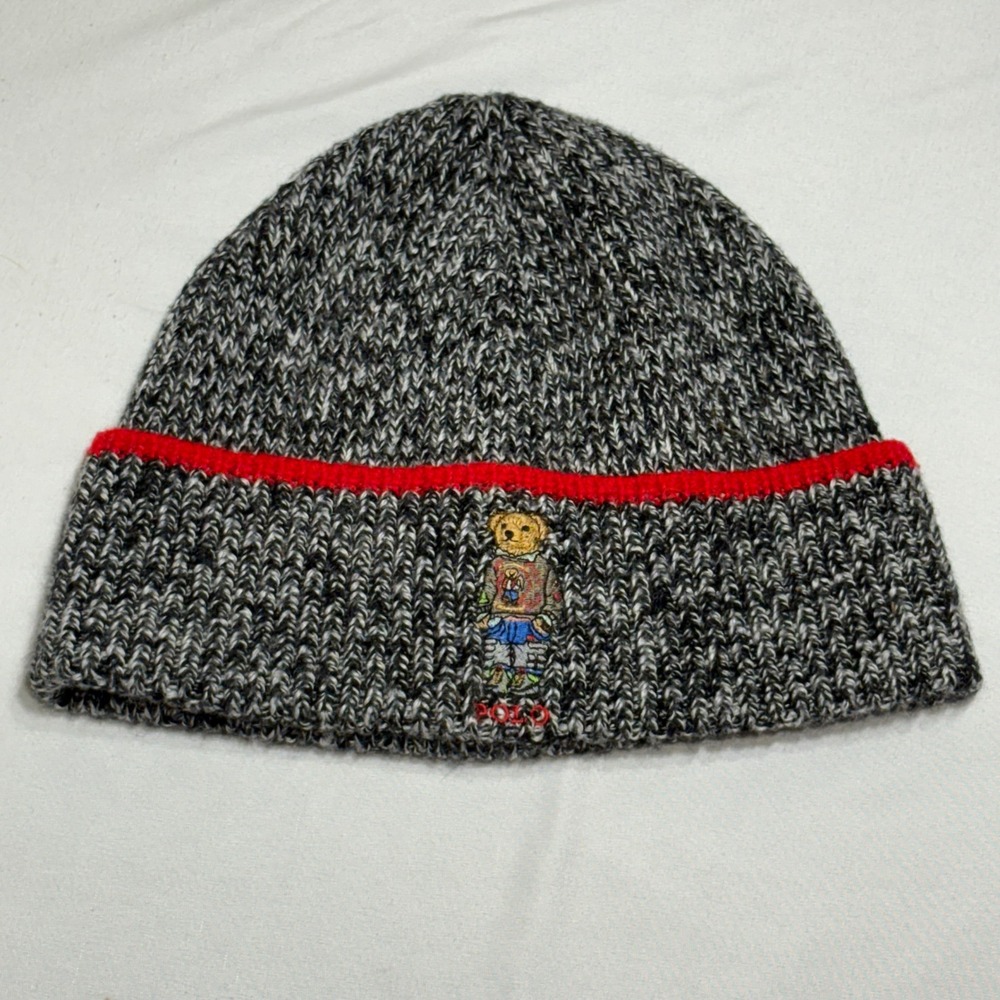 Polo Ralph Lauren Beanie Unisex OS Grey Polo Bear‎ Marled Wool Blend Knit Hat